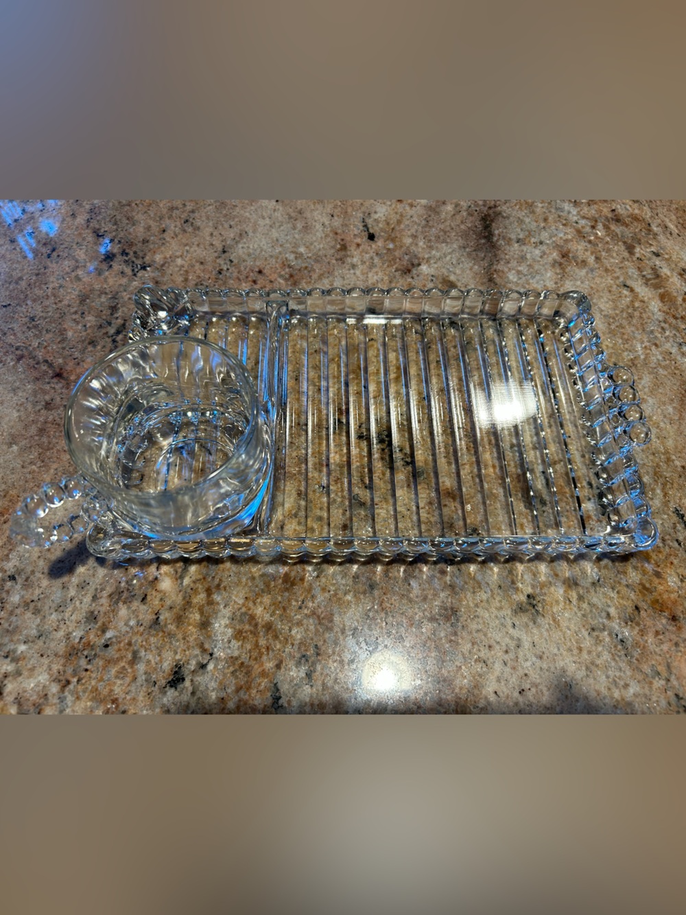 Hazel-Atlas Glass “Sip-Snack-Smoke” Set Beaded Loop Handle Cup 6oz & Glass Tray.